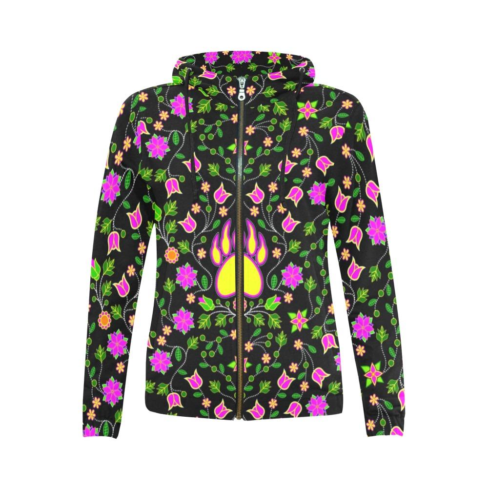 Floral Bearpaw Pink and Yellow All Over Print Full Zip Hoodie for Women (Model H14) hoodie e-joyer 