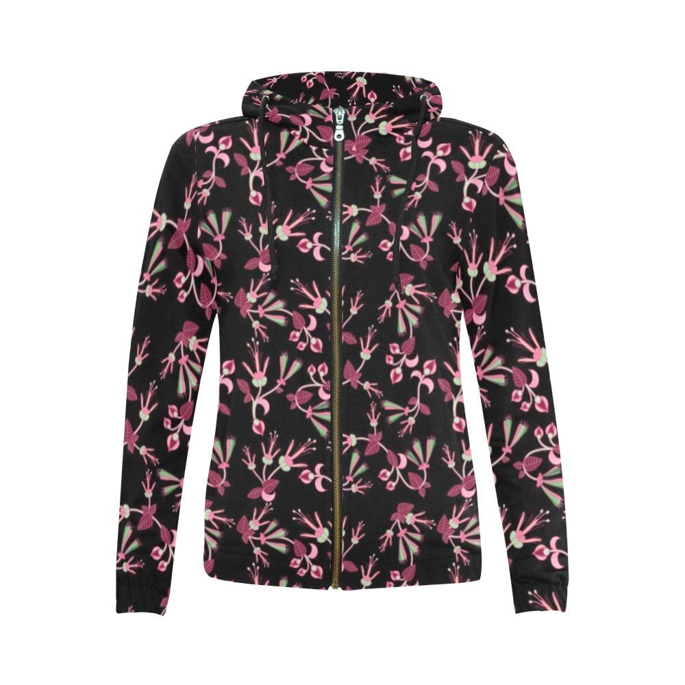 Floral Green Black All Over Print Full Zip Hoodie for Women (Model H14) All Over Print Full Zip Hoodie for Women (H14) e-joyer 