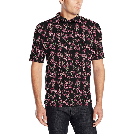 Floral Green Black Men's All Over Print Polo Shirt (Model T55) Men's Polo Shirt (Model T55) e-joyer 