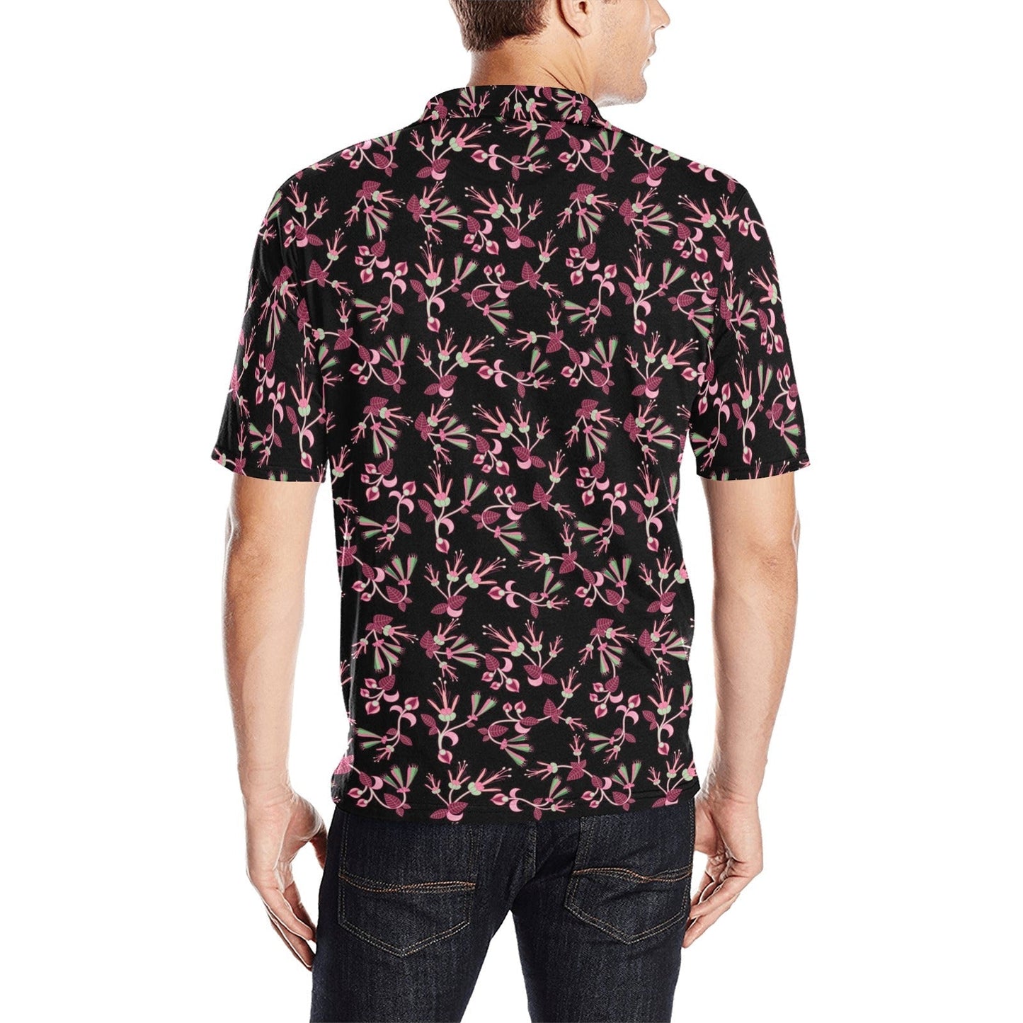 Floral Green Black Men's All Over Print Polo Shirt (Model T55) Men's Polo Shirt (Model T55) e-joyer 