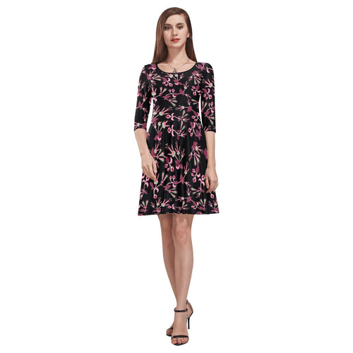 Floral Green Black Tethys Half-Sleeve Skater Dress(Model D20) Tethys Half-Sleeve Skater Dress (D20) e-joyer 