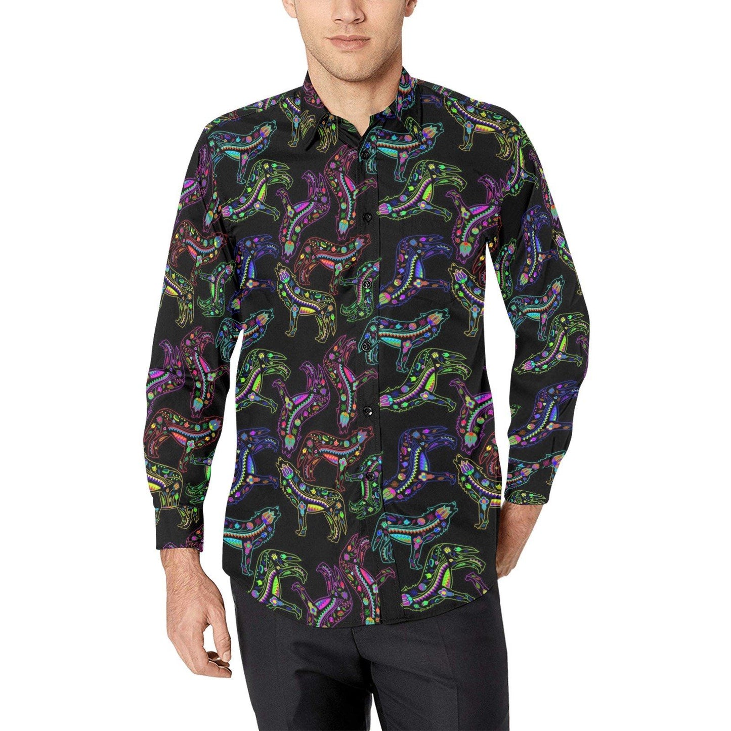 Floral Wolf Men's All Over Print Casual Dress Shirt (Model T61) Men's Dress Shirt (T61) e-joyer 