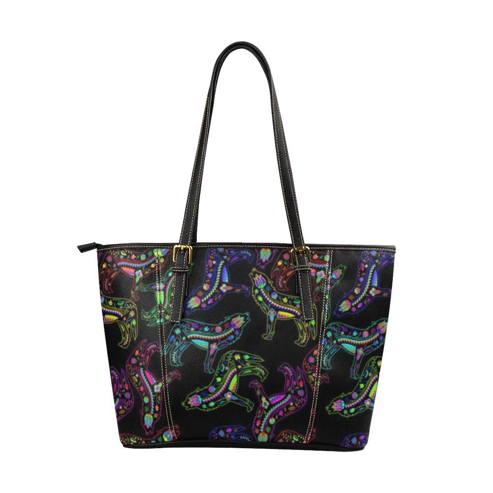 Floral Wolves Leather Tote Bag/Large (Model 1640) bag e-joyer 