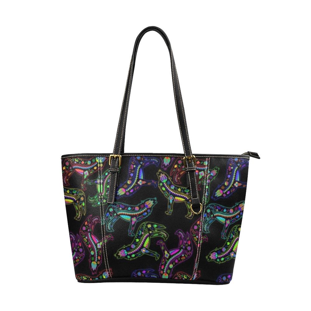 Floral Wolves Leather Tote Bag/Large (Model 1640) bag e-joyer 