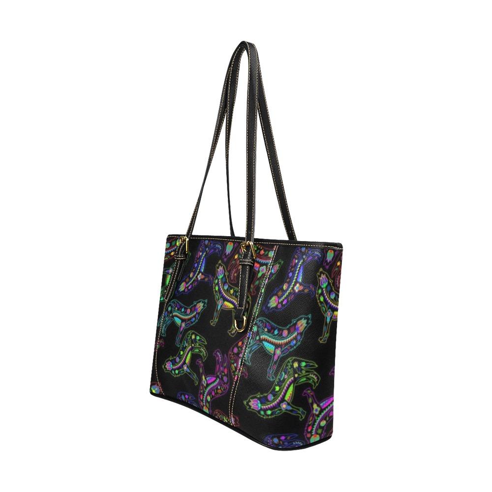 Floral Wolves Leather Tote Bag/Large (Model 1640) bag e-joyer 