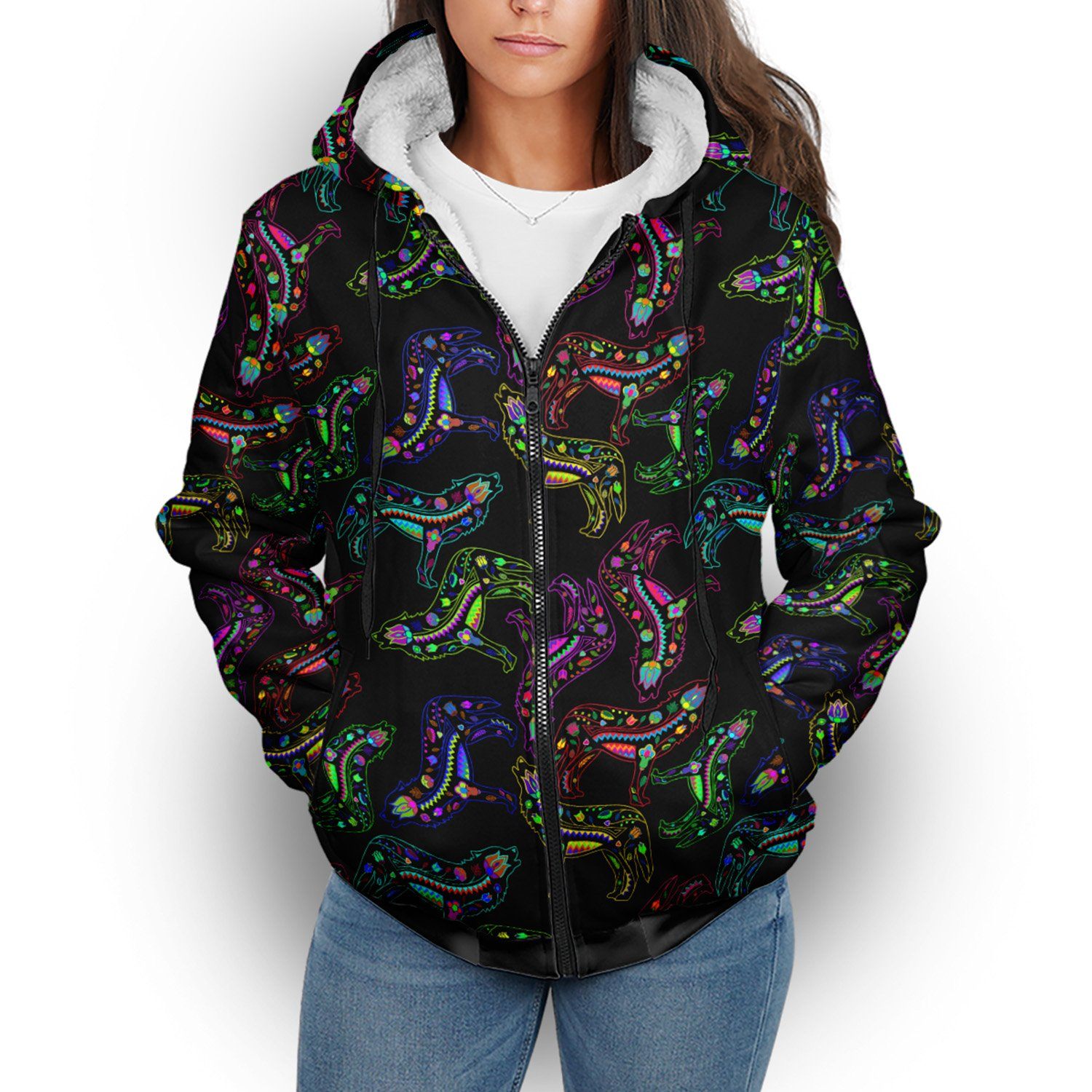 Floral Wolves Sherpa Hoodie hoodie Herman 