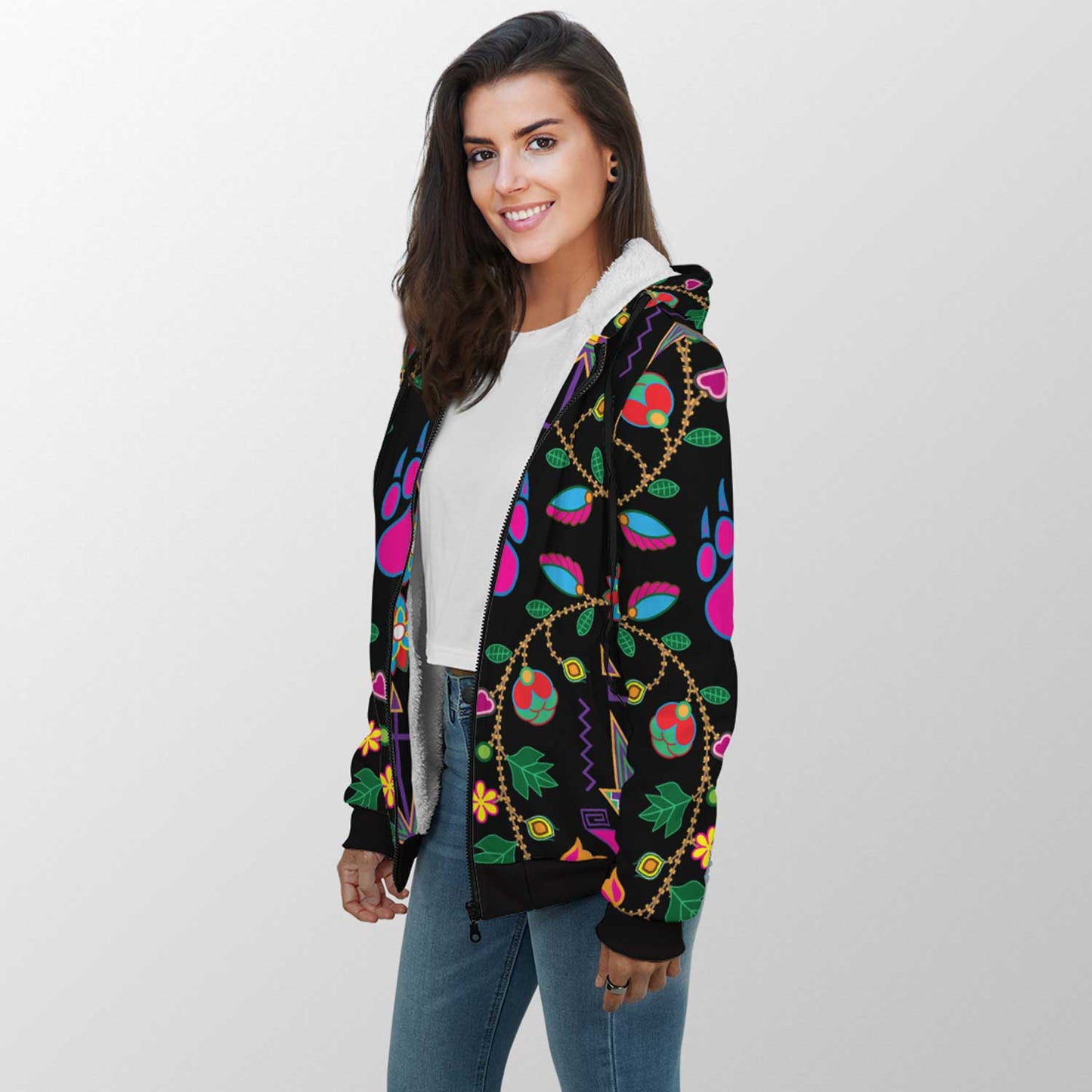 Geometric Floral Fall Black Sherpa Hoodie 49 Dzine 
