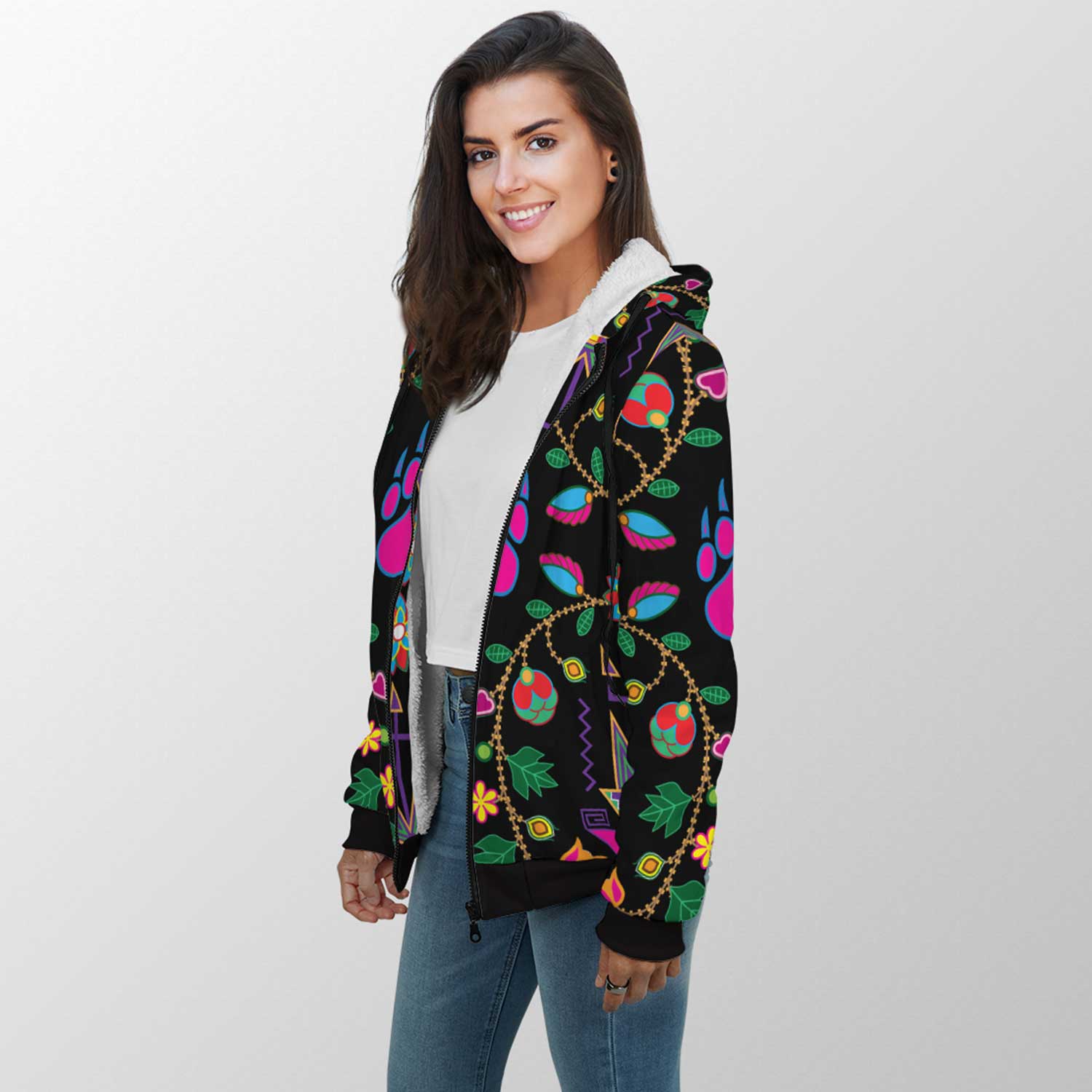 Geometric Floral Fall Black Sherpa Hoodie 49 Dzine 