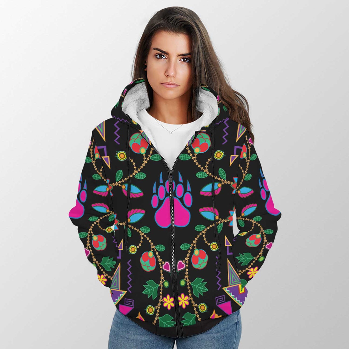 Geometric Floral Fall Black Sherpa Hoodie 49 Dzine 