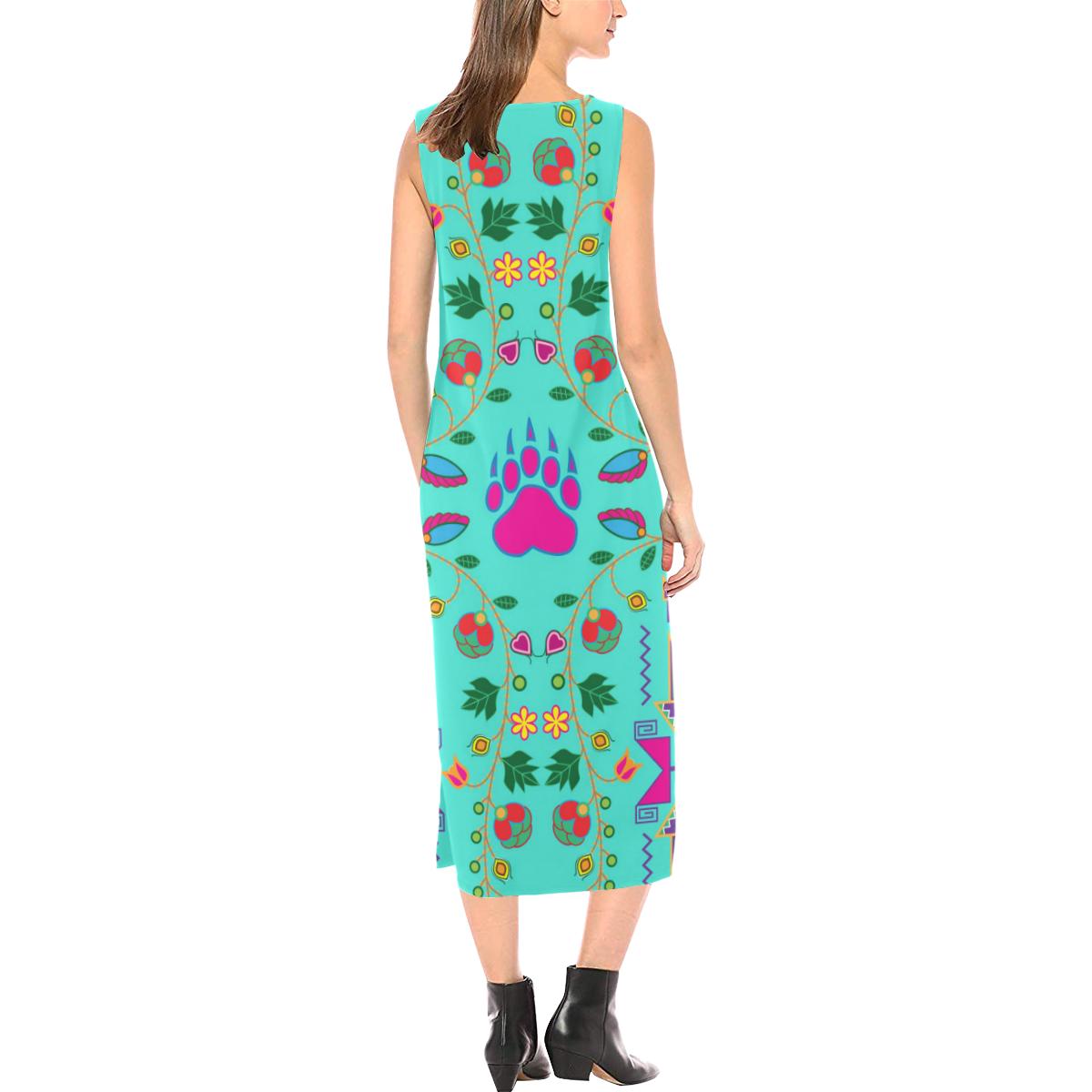 Geometric Floral Fall - Sky Phaedra Sleeveless Open Fork Long Dress (Model D08) Phaedra Sleeveless Open Fork Long Dress (D08) e-joyer 