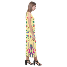 Load image into Gallery viewer, Geometric Floral Fall - Vanilla Phaedra Sleeveless Open Fork Long Dress (Model D08) Phaedra Sleeveless Open Fork Long Dress (D08) e-joyer 
