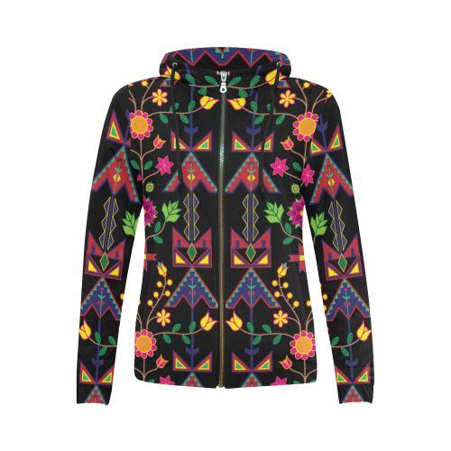 Geometric Floral Spring-Black All Over Print Full Zip Hoodie for Women (Model H14) All Over Print Full Zip Hoodie for Women (H14) e-joyer 