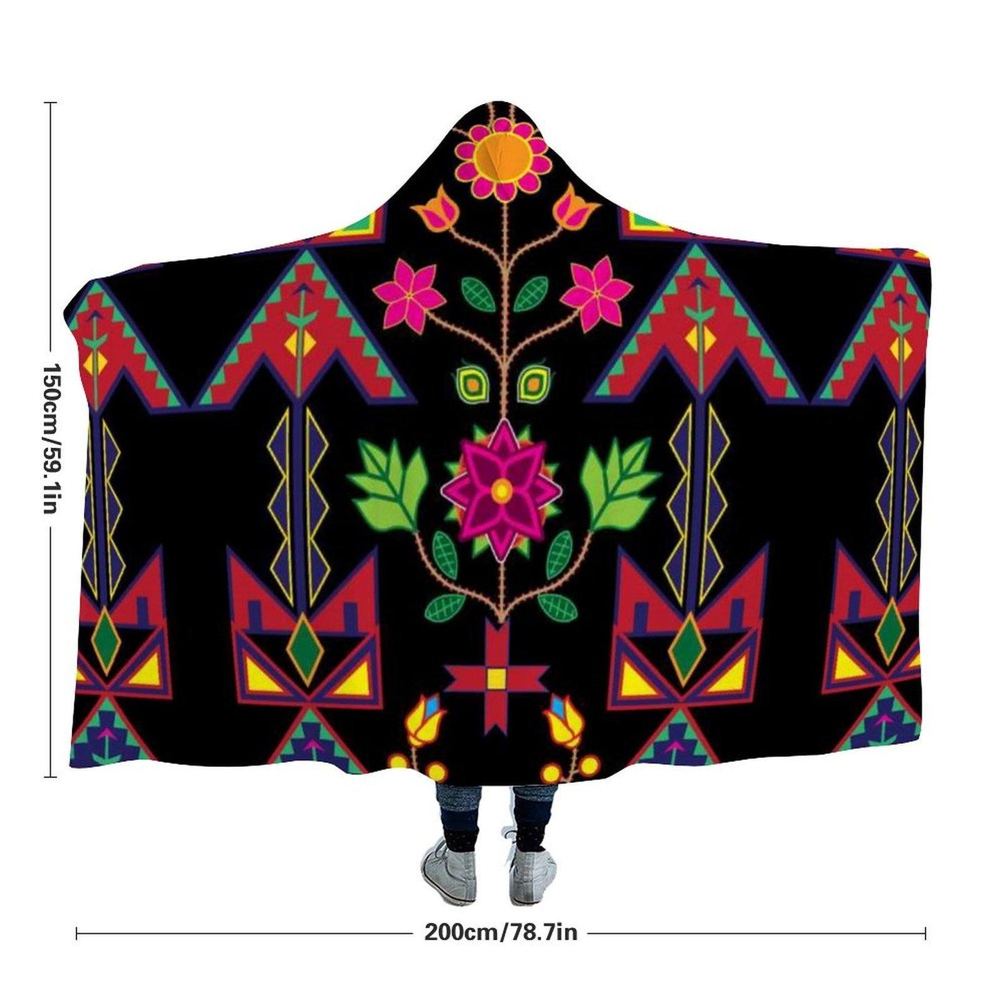 Geometric Floral Spring Black Hooded Blanket 49 Dzine 