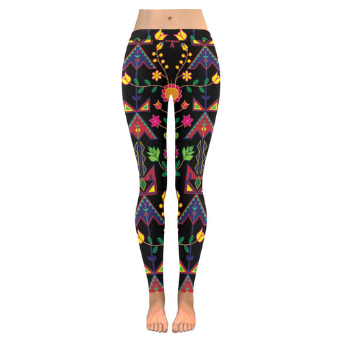 Geometric Floral Spring - Black Low Rise Leggings (Invisible Stitch) (Model L05) Low Rise Leggings (Invisible Stitch) (L05) e-joyer 