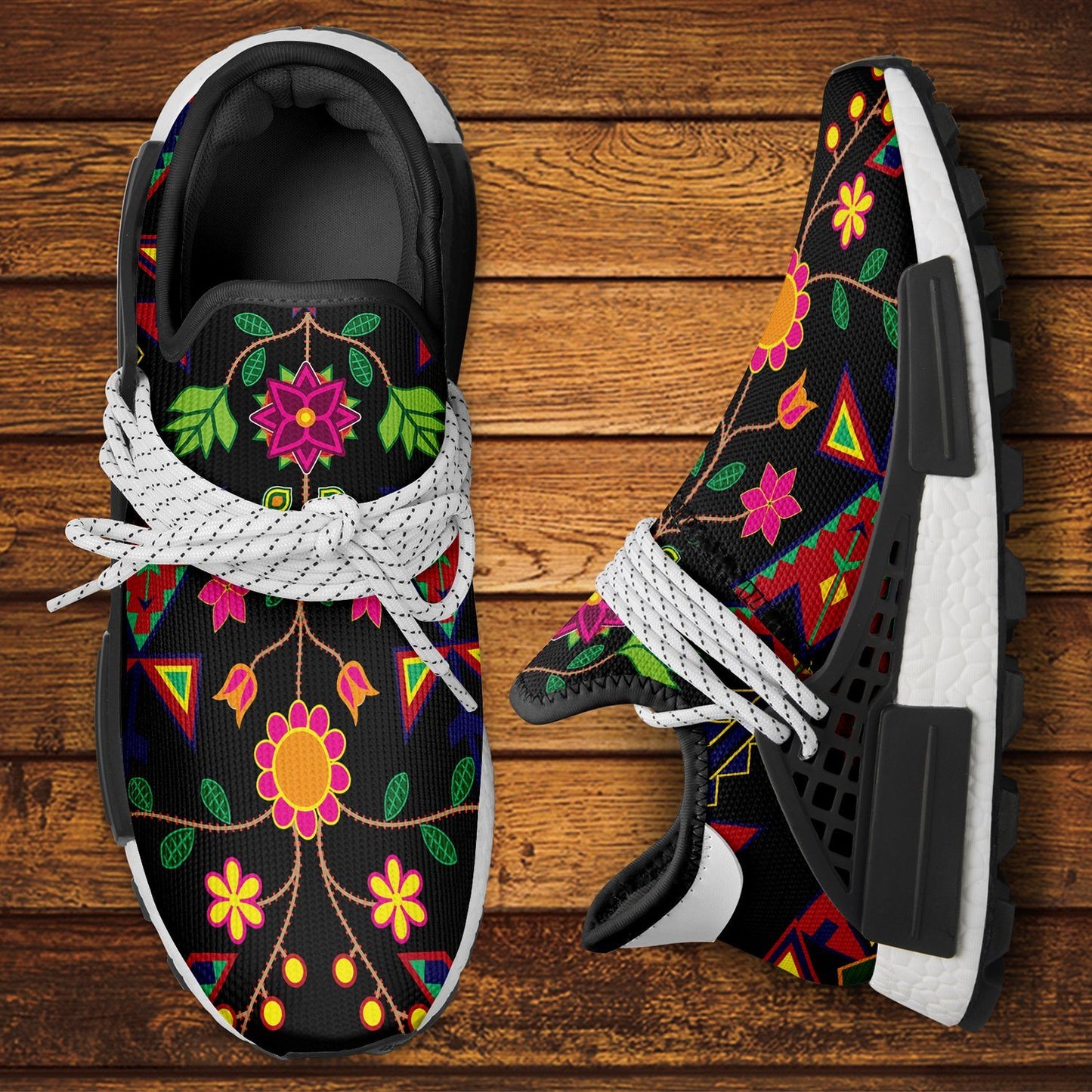 Geometric Floral Spring Black Okaki Sneakers Shoes Herman 