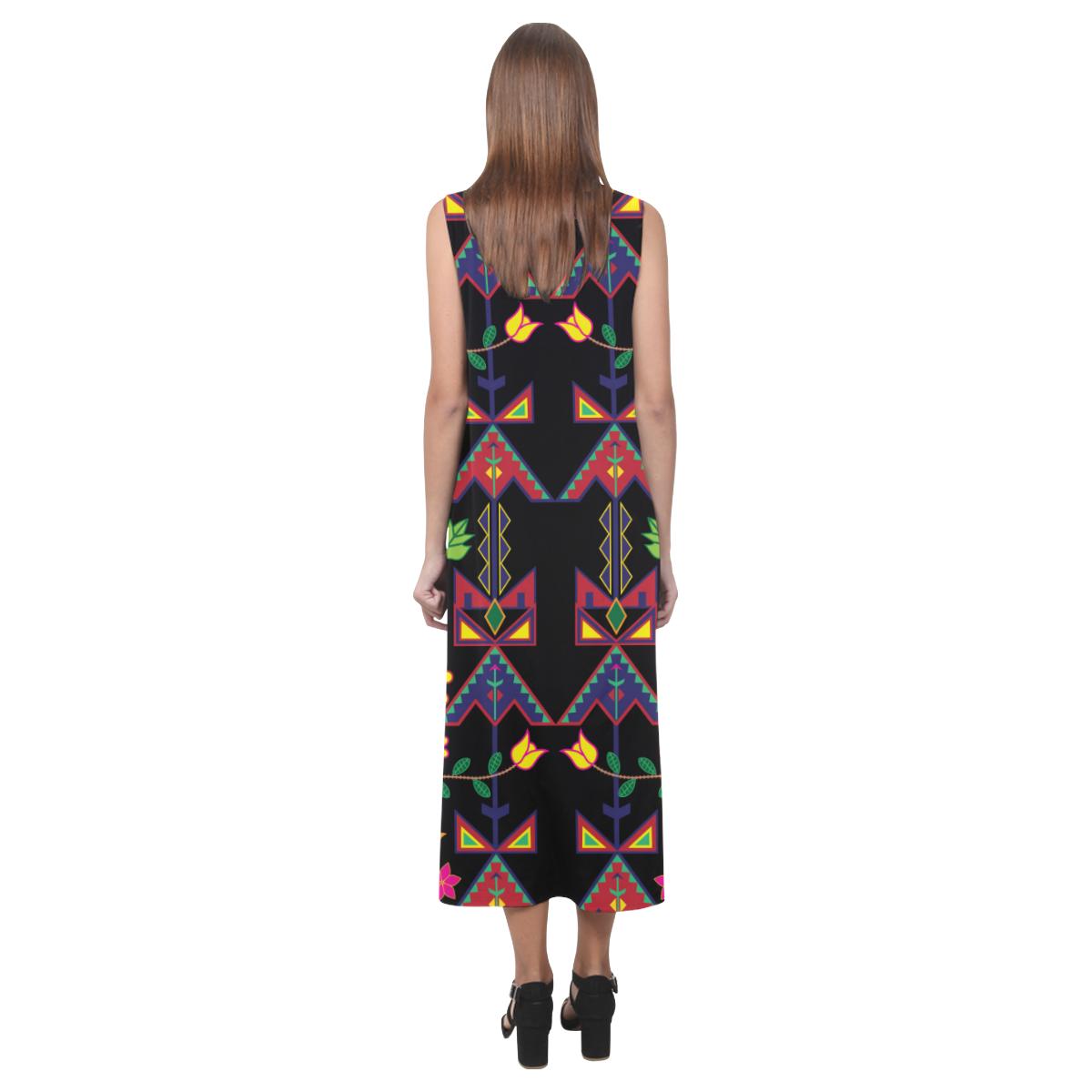 Geometric Floral Spring - Black Phaedra Sleeveless Open Fork Long Dress (Model D08) Phaedra Sleeveless Open Fork Long Dress (D08) e-joyer 