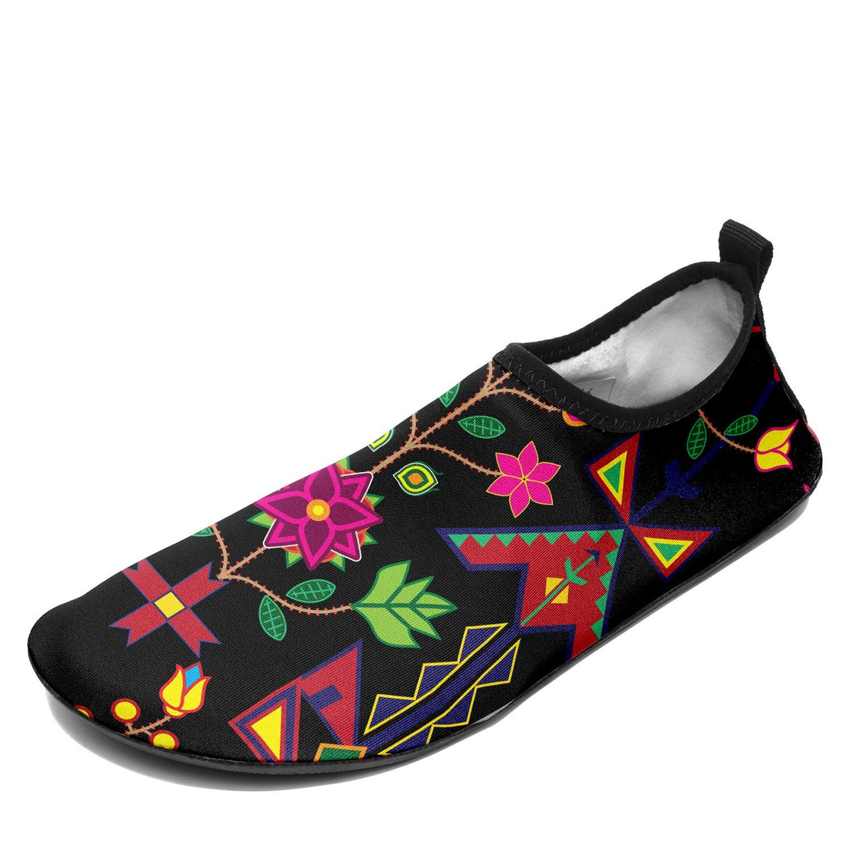 Geometric Floral Spring Black Sockamoccs – Unisex Slip-On Shoes by 49 Dzine