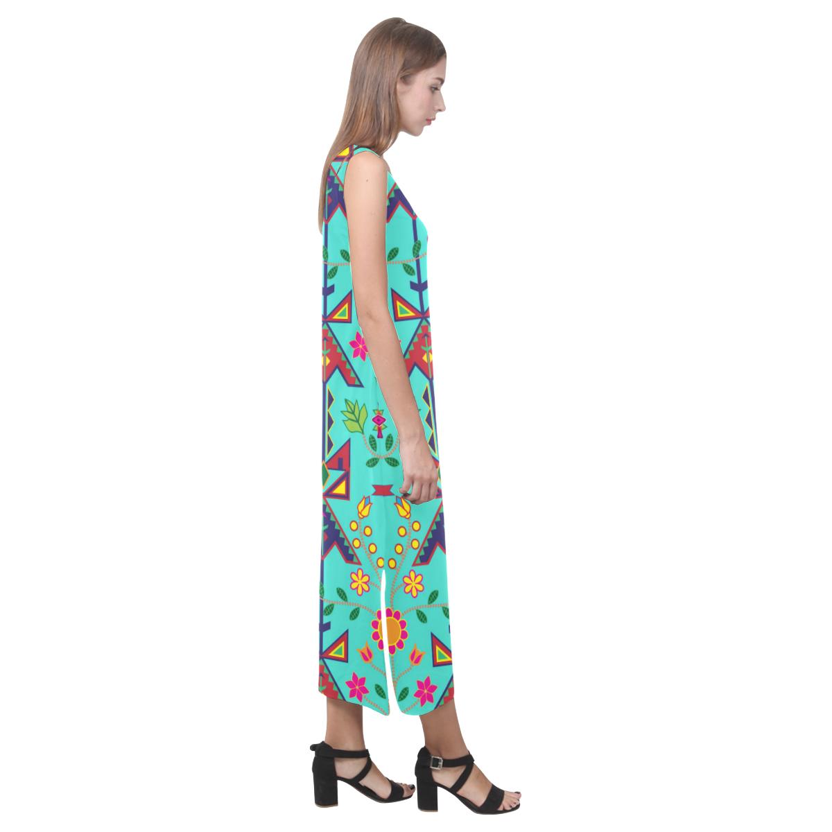 Geometric Floral Spring - Sky Phaedra Sleeveless Open Fork Long Dress (Model D08) Phaedra Sleeveless Open Fork Long Dress (D08) e-joyer 