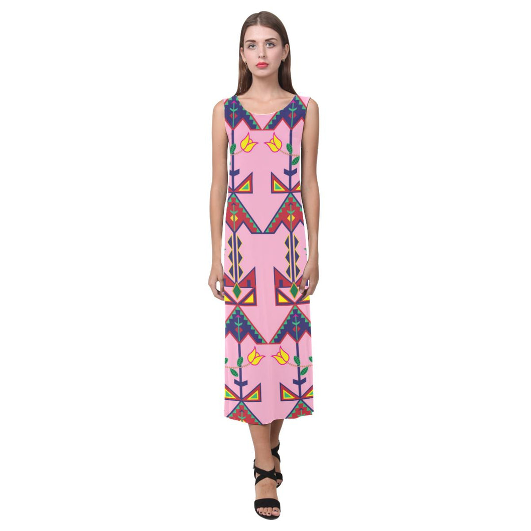 Geometric Floral Spring - Sunset Phaedra Sleeveless Open Fork Long Dress (Model D08) Phaedra Sleeveless Open Fork Long Dress (D08) e-joyer 