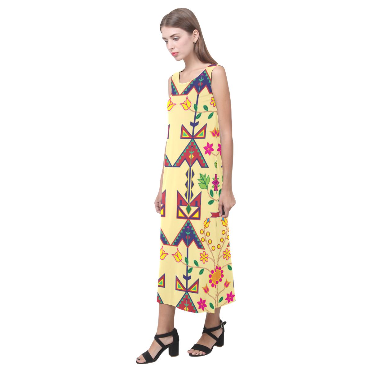 Geometric Floral Spring - Vanilla Phaedra Sleeveless Open Fork Long Dress (Model D08) Phaedra Sleeveless Open Fork Long Dress (D08) e-joyer 