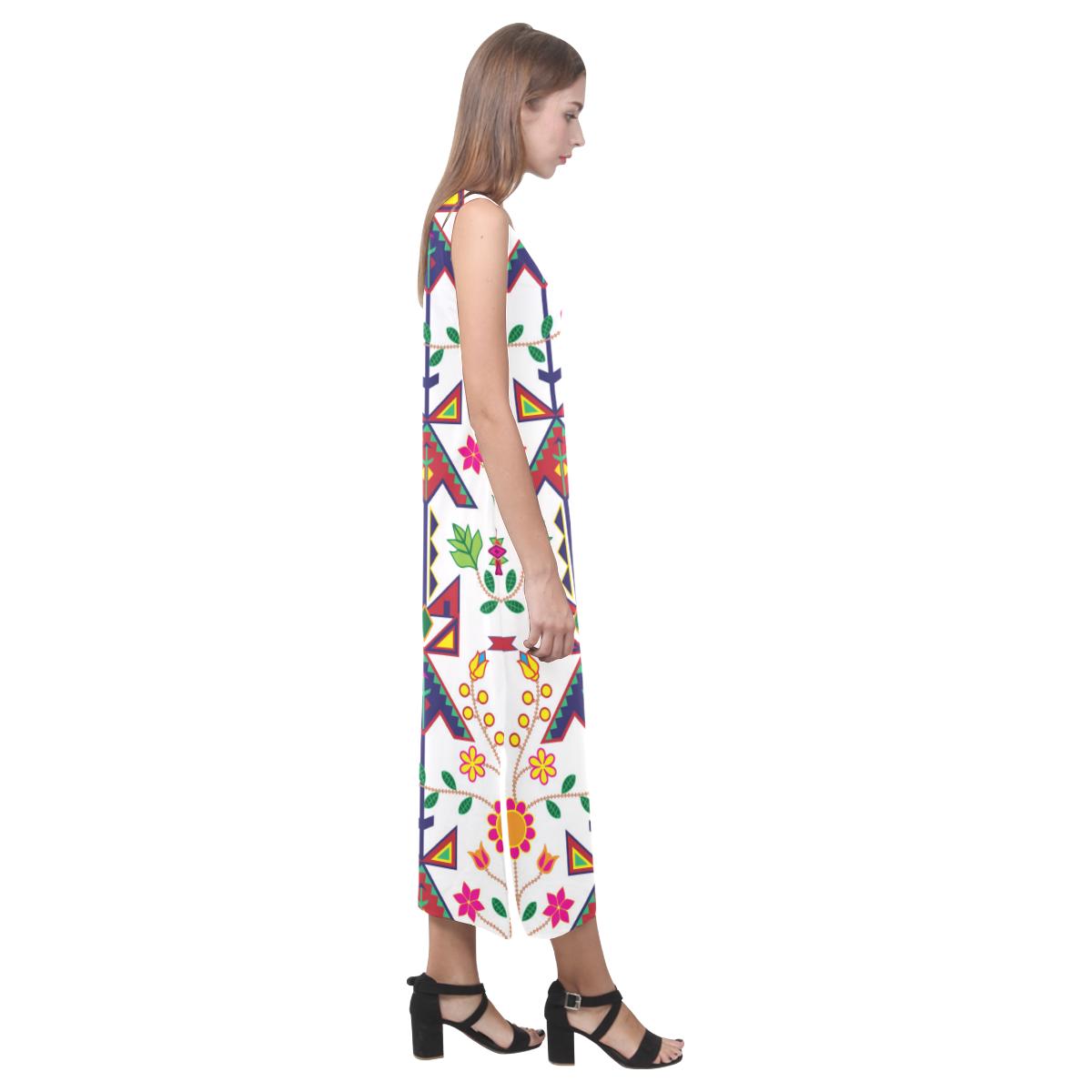 Geometric Floral Spring - White Phaedra Sleeveless Open Fork Long Dress (Model D08) Phaedra Sleeveless Open Fork Long Dress (D08) e-joyer 
