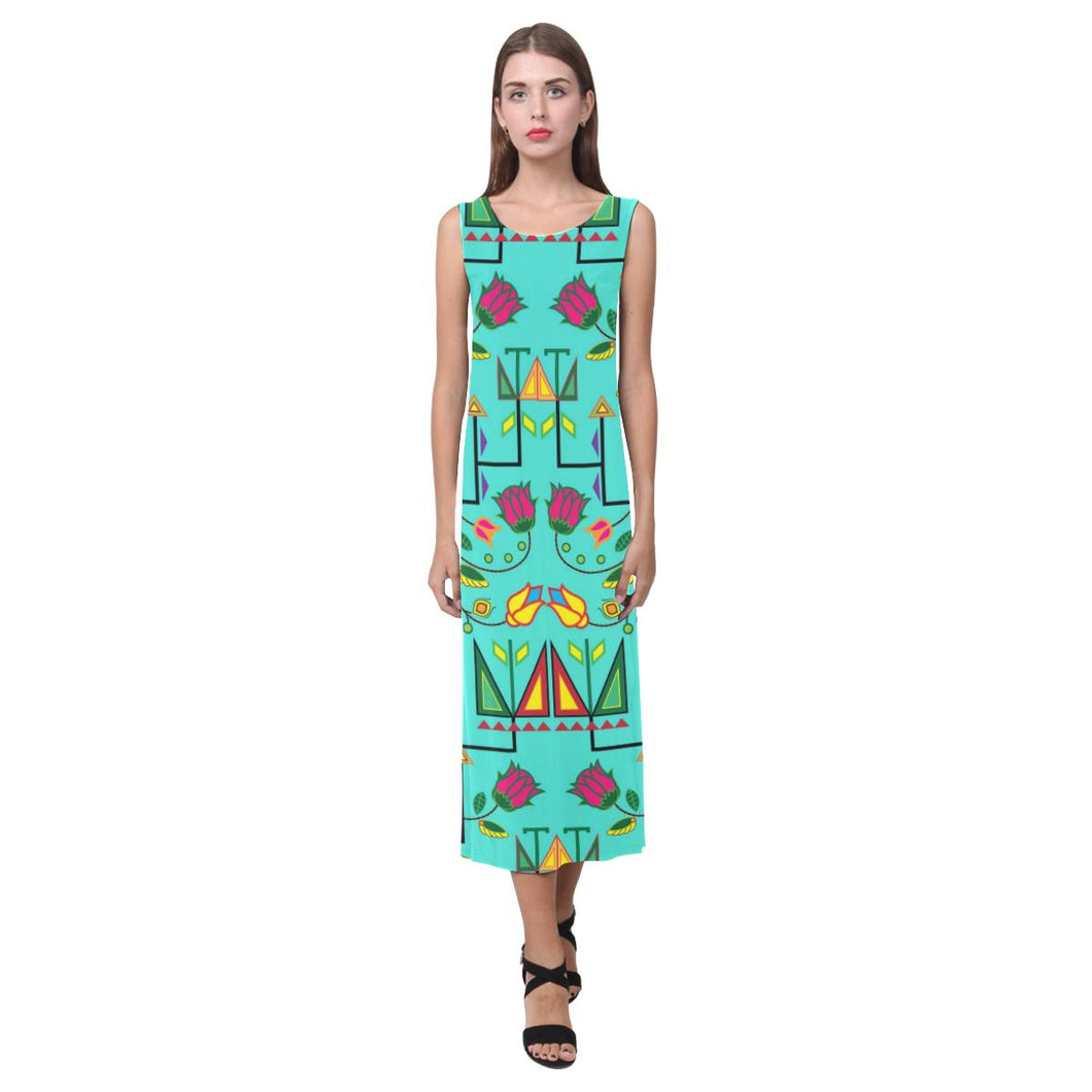 Geometric Floral Summer - Sky Phaedra Sleeveless Open Fork Long Dress (Model D08) Phaedra Sleeveless Open Fork Long Dress (D08) e-joyer 