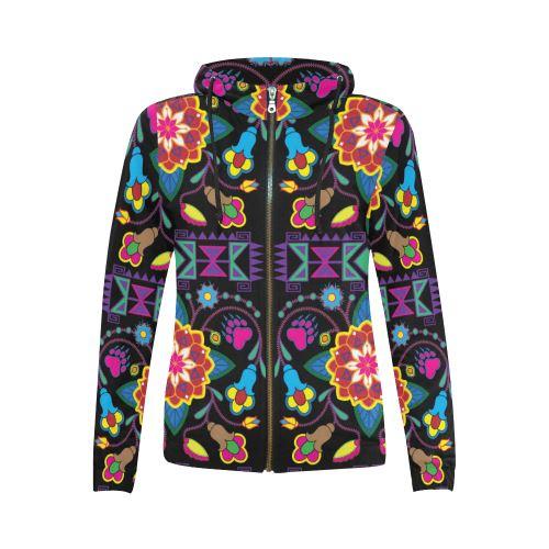 Geometric Floral Winter-Black All Over Print Full Zip Hoodie for Women (Model H14) All Over Print Full Zip Hoodie for Women (H14) e-joyer 