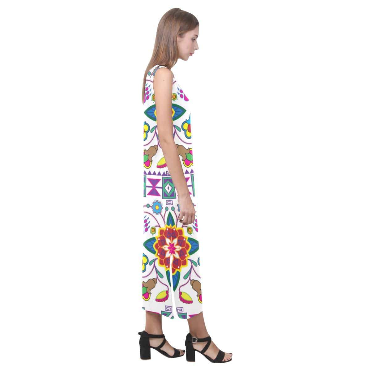 Geometric Floral Winter - White Phaedra Sleeveless Open Fork Long Dress (Model D08) Phaedra Sleeveless Open Fork Long Dress (D08) e-joyer 