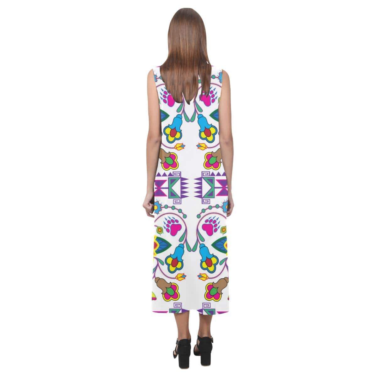 Geometric Floral Winter - White Phaedra Sleeveless Open Fork Long Dress (Model D08) Phaedra Sleeveless Open Fork Long Dress (D08) e-joyer 