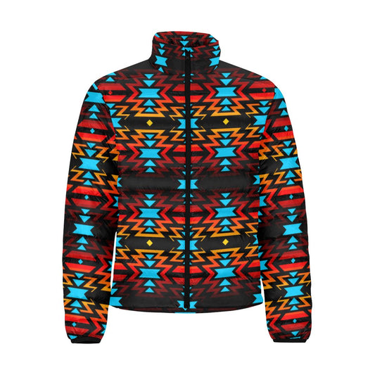 Hoodie Front Black Fire and Turquoise Men's Stand Collar Padded Jacket (Model H41) Men's Stand Collar Padded Jacket (H41) e-joyer 