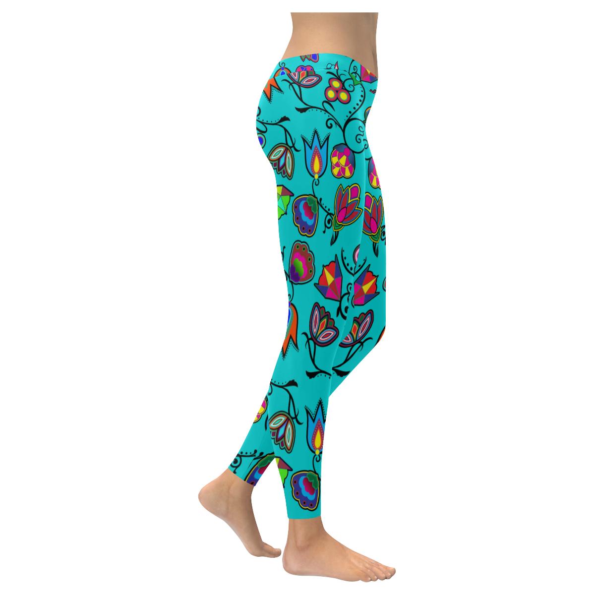 Indigenous Paisley - Sky Low Rise Leggings (Invisible Stitch) (Model L05) Low Rise Leggings (Invisible Stitch) (L05) e-joyer 