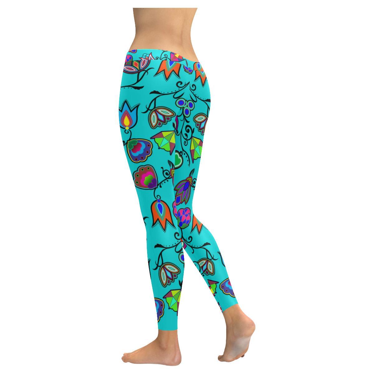 Indigenous Paisley - Sky Low Rise Leggings (Invisible Stitch) (Model L05) Low Rise Leggings (Invisible Stitch) (L05) e-joyer 