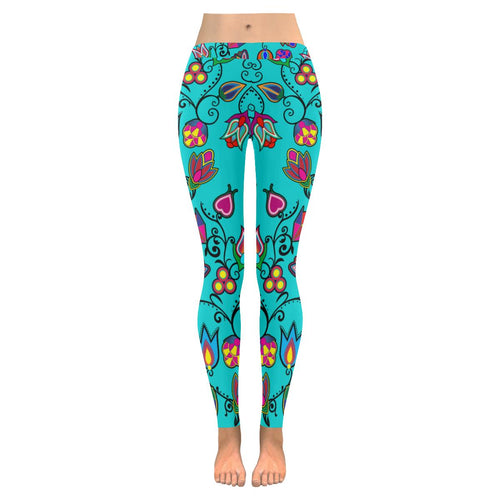 Indigenous Paisley - Sky Low Rise Leggings (Invisible Stitch) (Model L05) Low Rise Leggings (Invisible Stitch) (L05) e-joyer 