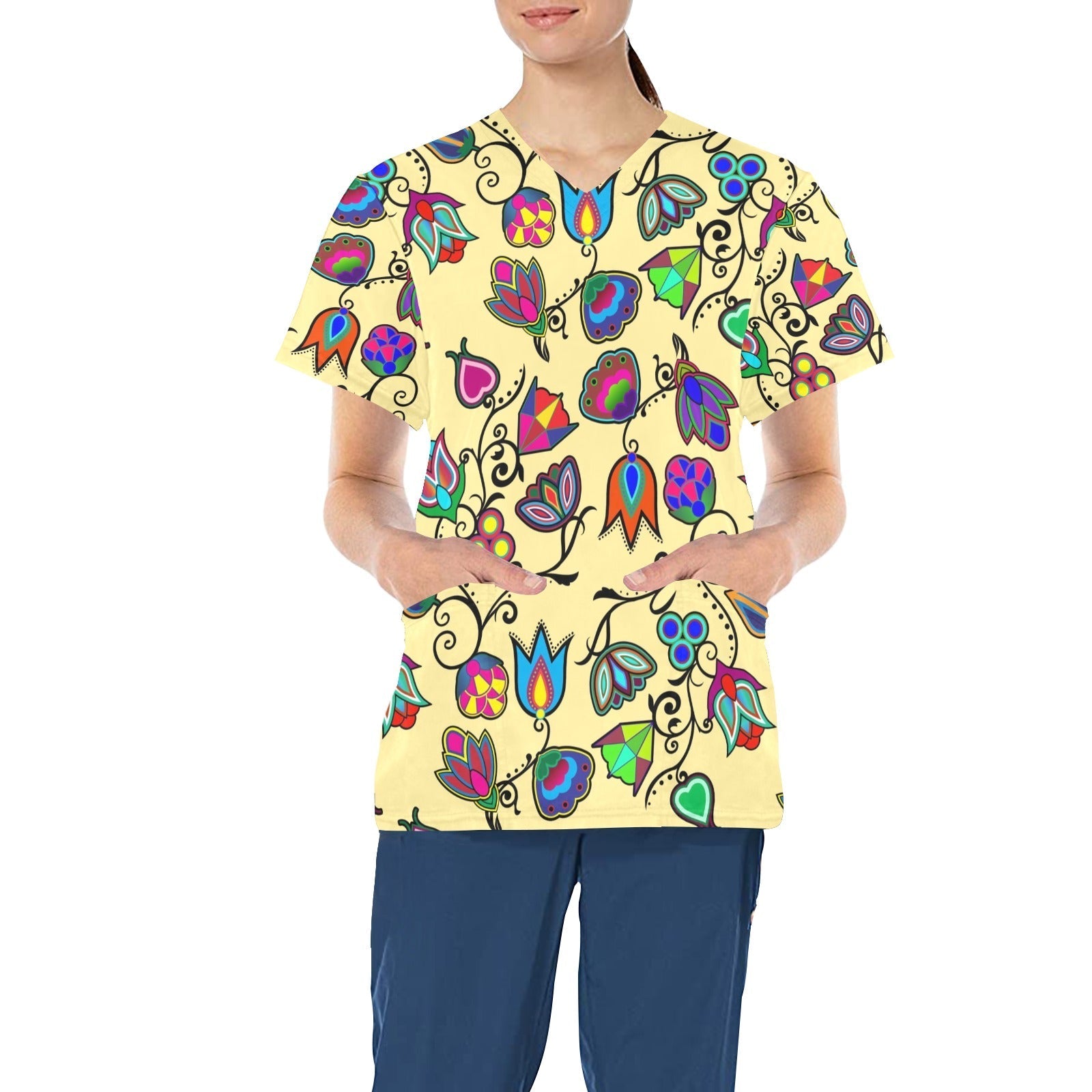 Indigenous Paisley Vanilla All Over Print Scrub Top Scrub Top e-joyer 