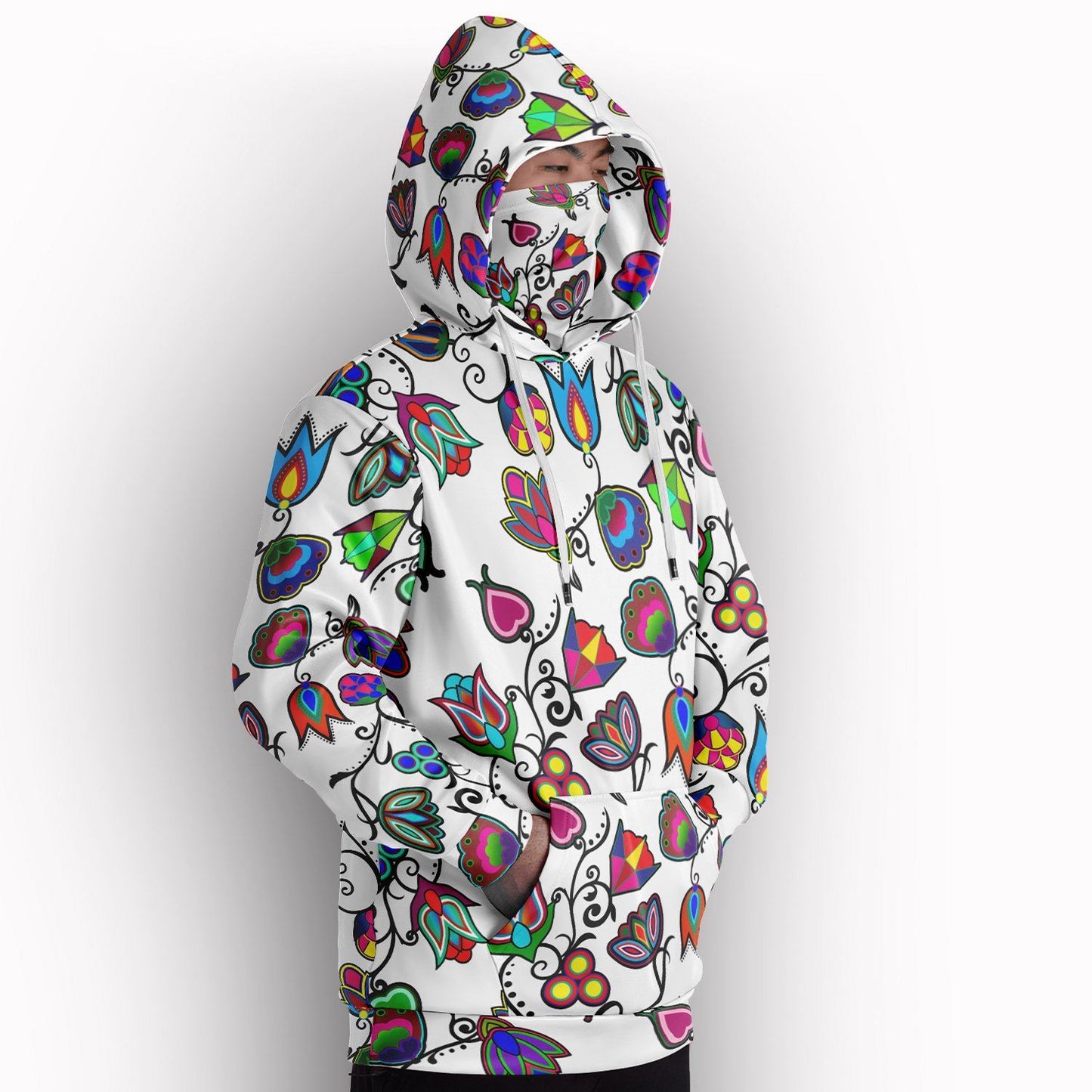 Indigenous Paisley White Hoodie with Face Cover 49 Dzine 