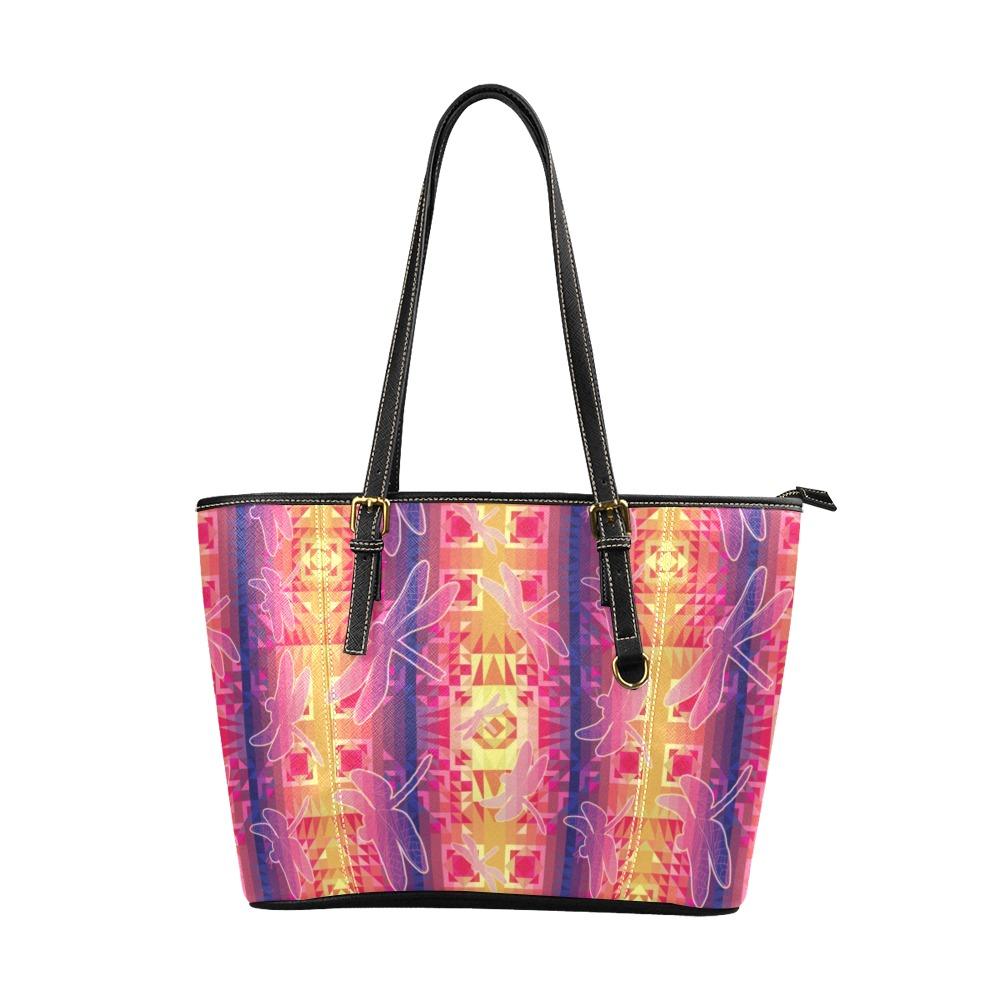 Kaleidoscope Dragonfly Leather Tote Bag/Large (Model 1640) Leather Tote Bag (1640) e-joyer 