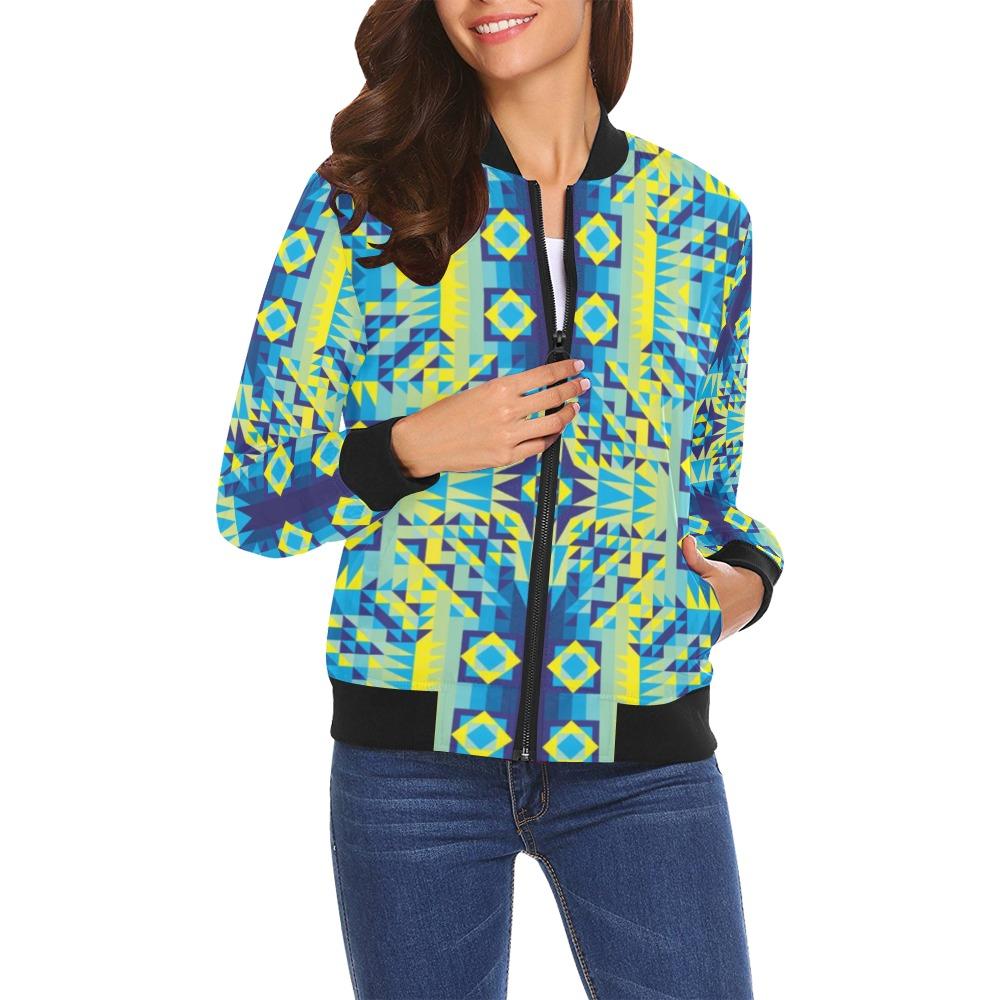 Kaleidoscope Jaune Bleu All Over Print Bomber Jacket for Women (Model H19) Jacket e-joyer 