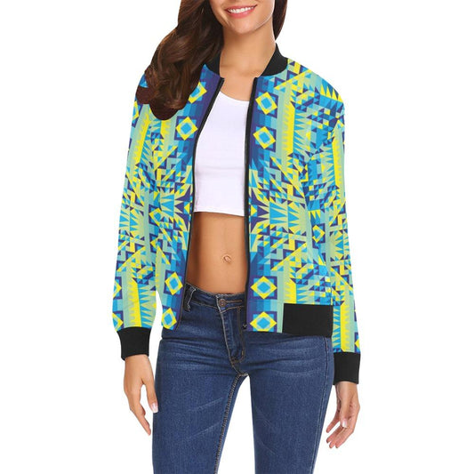 Kaleidoscope Jaune Bleu All Over Print Bomber Jacket for Women (Model H19) Jacket e-joyer 