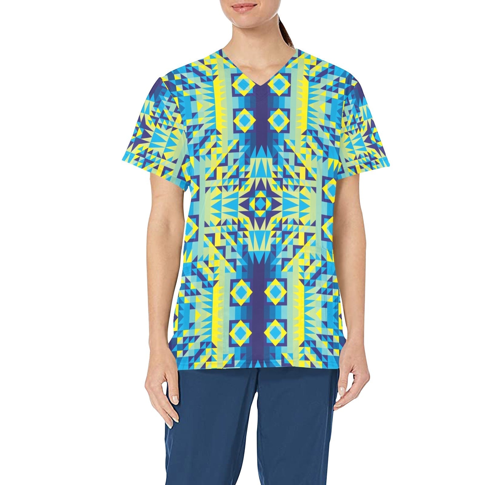 Kaleidoscope Jaune Bleu All Over Print Scrub Top Scrub Top e-joyer 