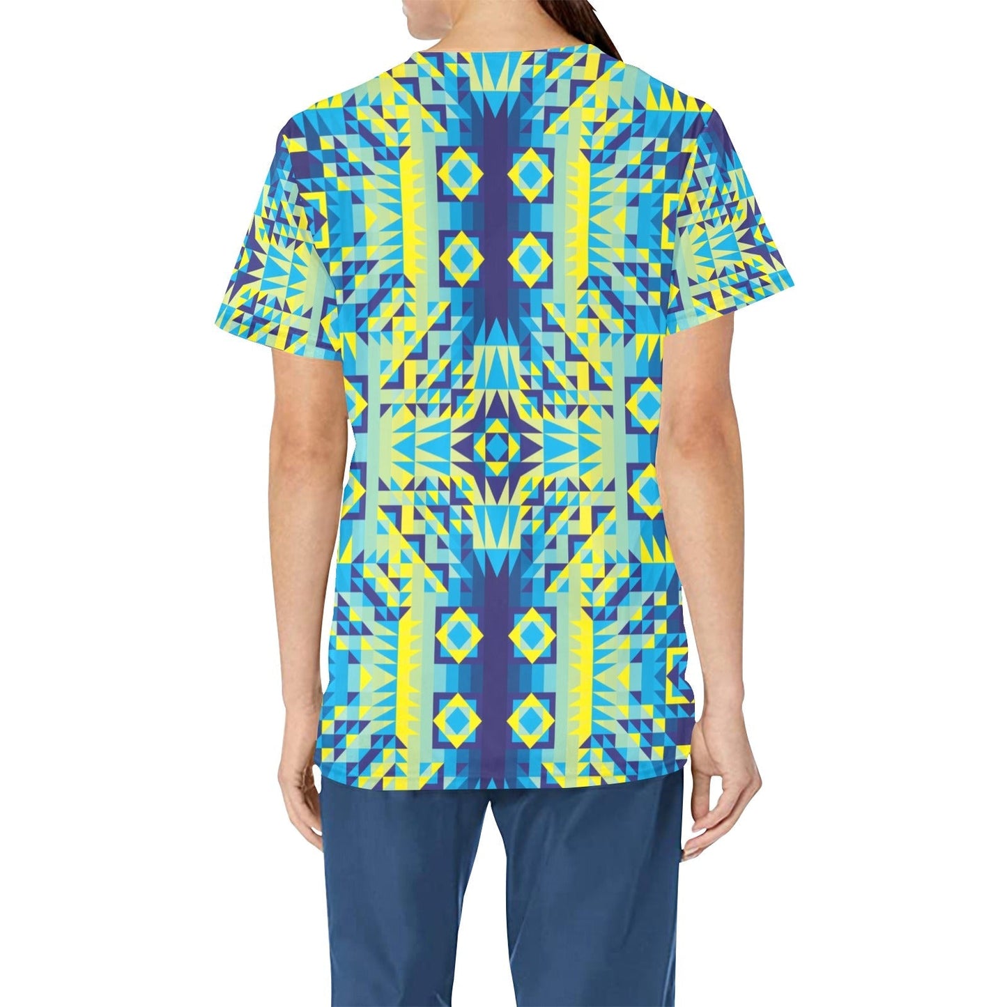 Kaleidoscope Jaune Bleu All Over Print Scrub Top Scrub Top e-joyer 