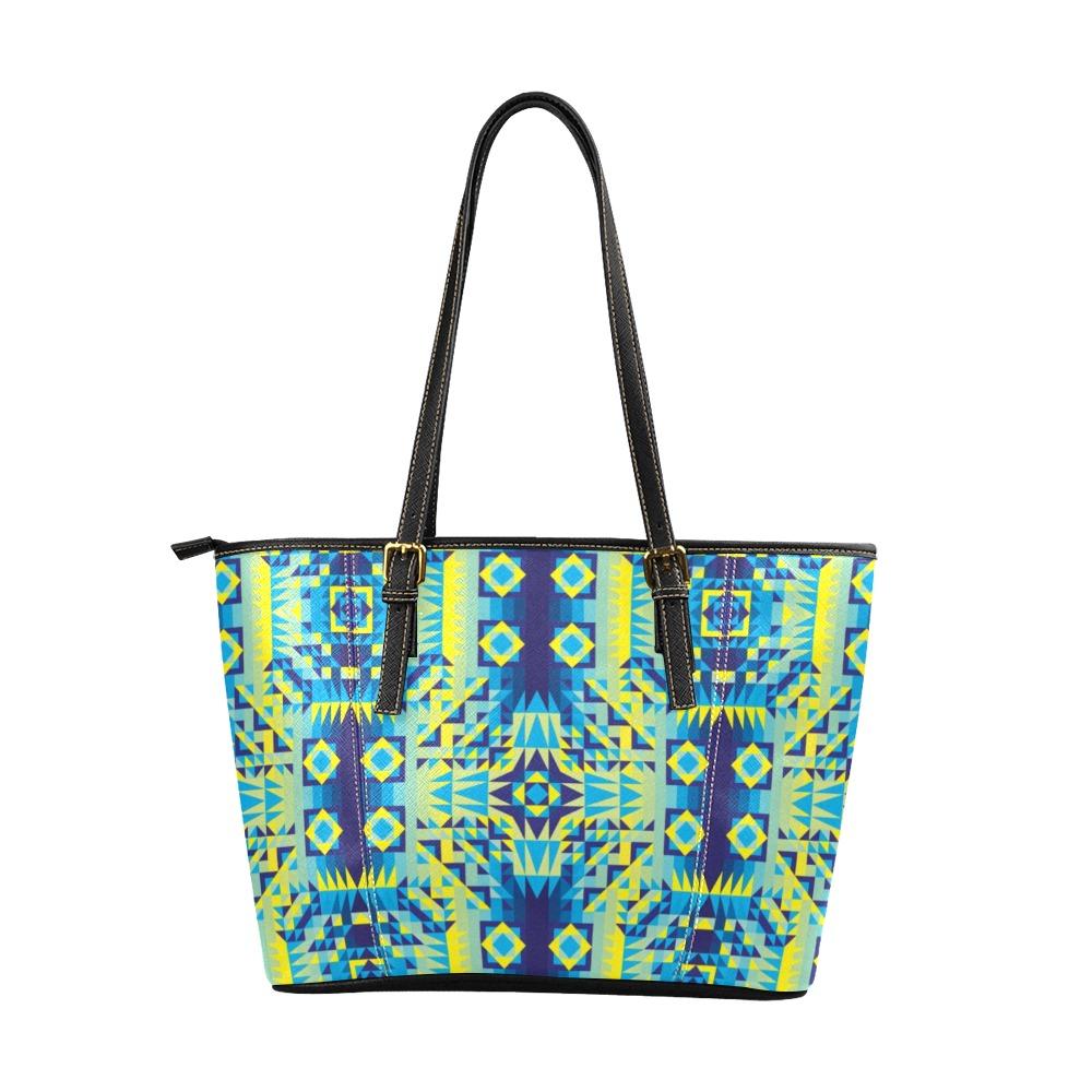 Kaleidoscope Jaune Bleu Leather Tote Bag/Large (Model 1640) Leather Tote Bag (1640) e-joyer 