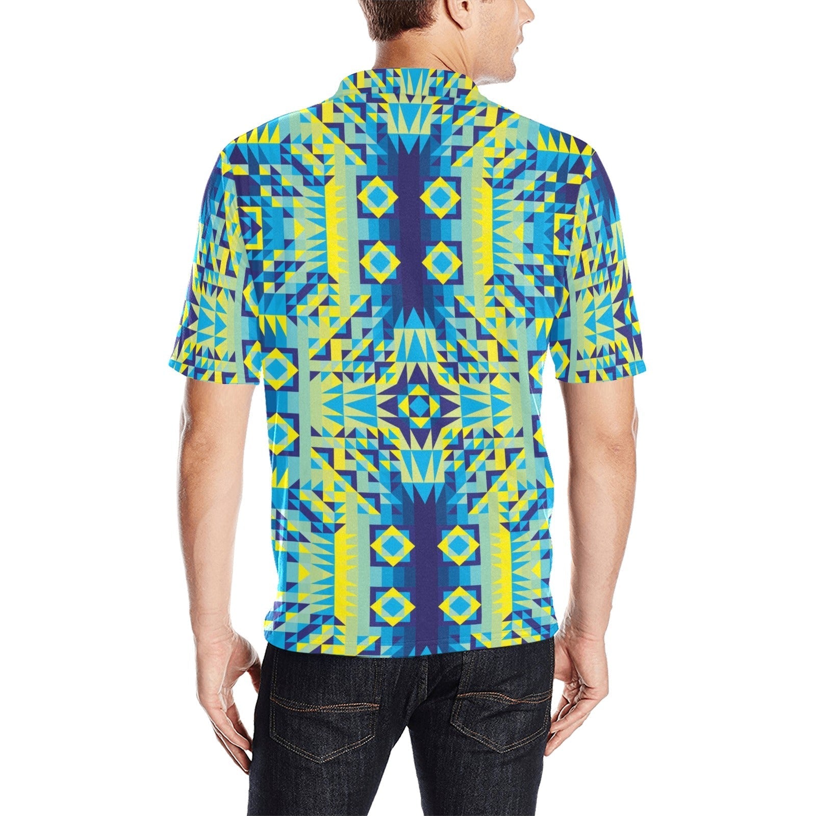 Kaleidoscope Jaune Bleu Men's All Over Print Polo Shirt (Model T55) Men's Polo Shirt (Model T55) e-joyer 