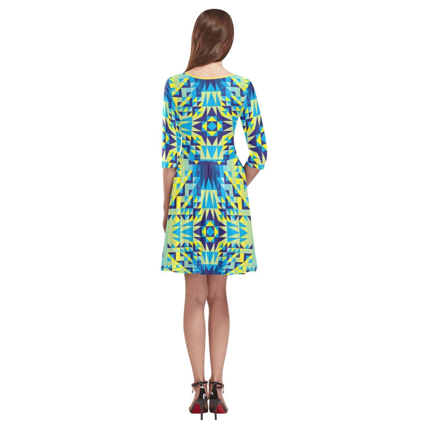 Kaleidoscope Jaune Bleu Tethys Half-Sleeve Skater Dress(Model D20) Tethys Half-Sleeve Skater Dress (D20) e-joyer 