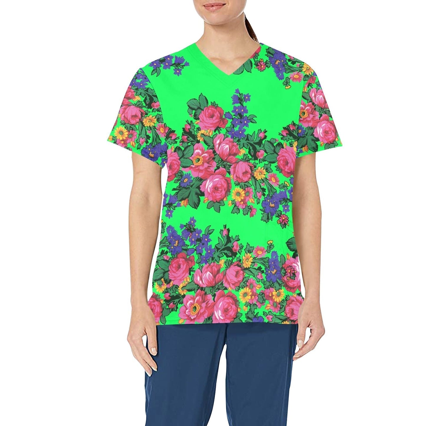 Kokum's Revenge Green All Over Print Scrub Top Scrub Top e-joyer 