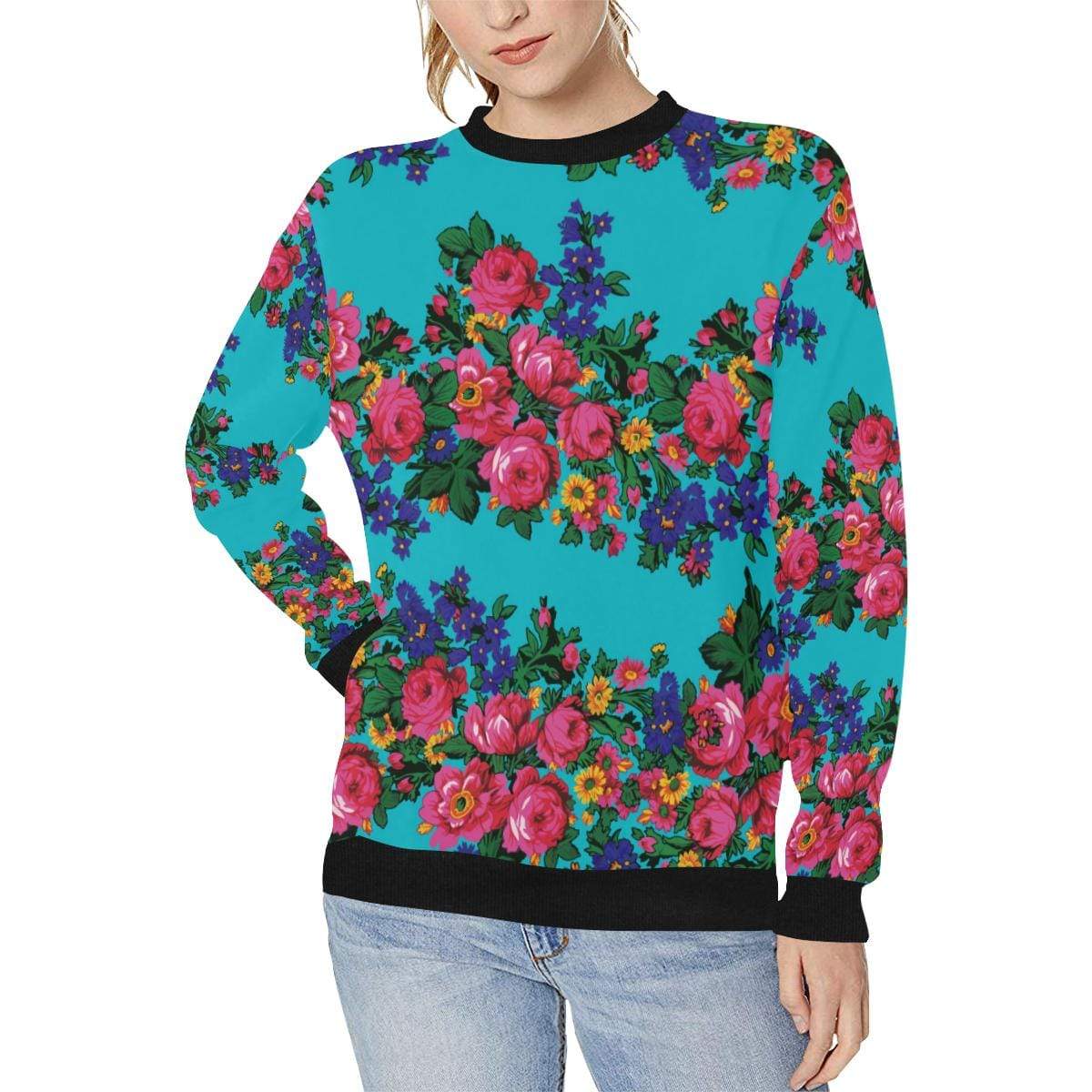 Kokum's Revenge-Sky Women's Rib Cuff Crew Neck Sweatshirt (Model H34) Rib Cuff Crew Neck Sweatshirt for Women (H34) e-joyer 