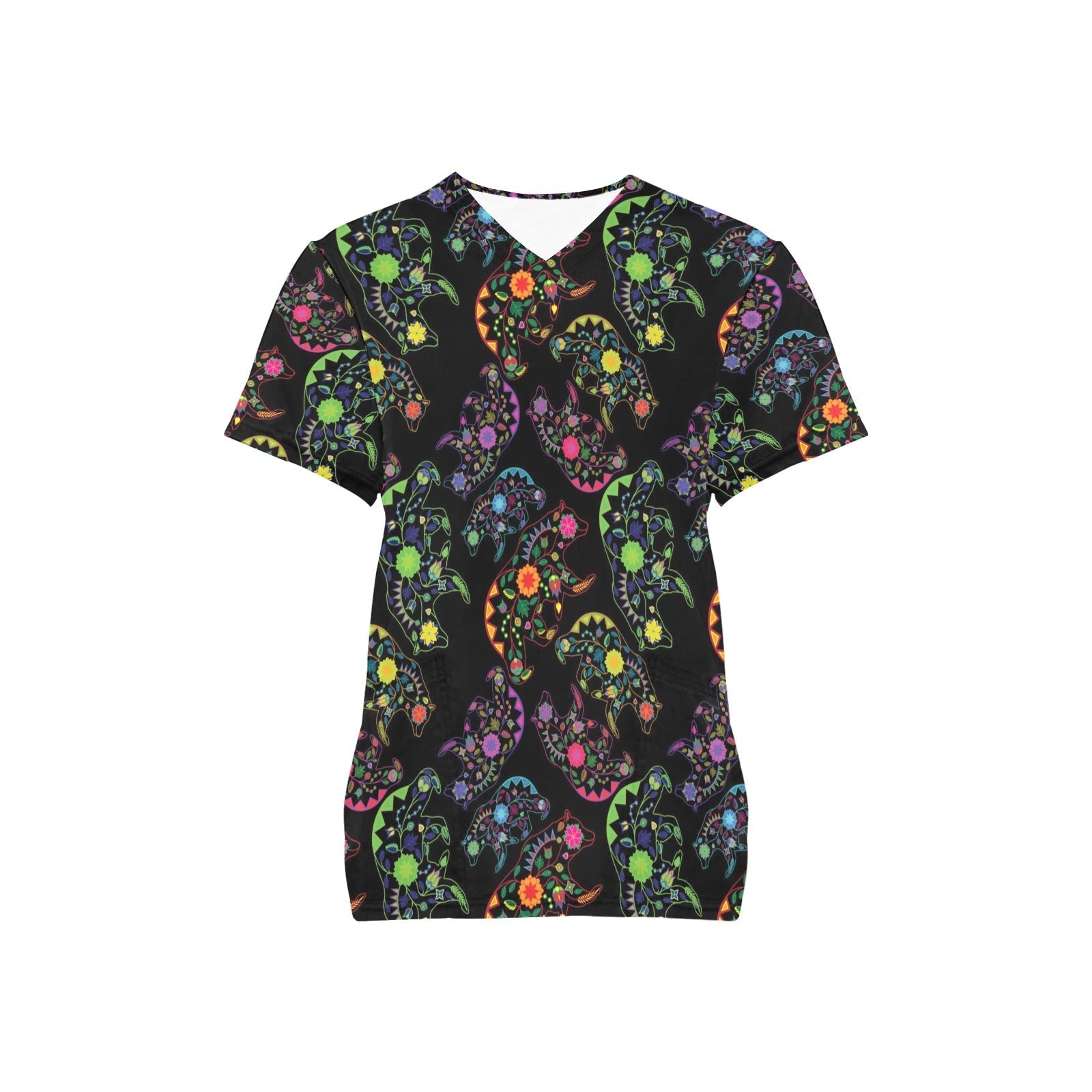 Neon Floral Bears All Over Print Scrub Top Scrub Top e-joyer 