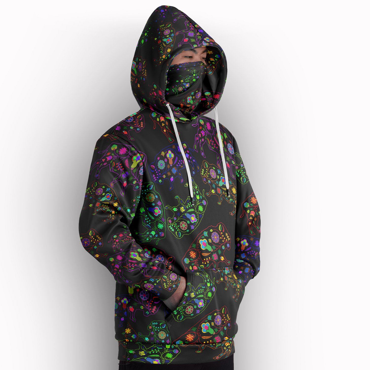 Neon Floral Buffalos Hoodie with Face Cover 49 Dzine 