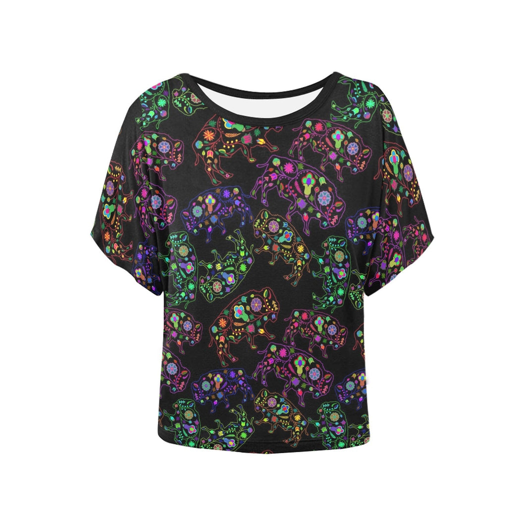 Neon Floral Buffalos Women's Batwing-Sleeved Blouse T shirt (Model T44) Women's Batwing-Sleeved Blouse T shirt (T44) e-joyer 