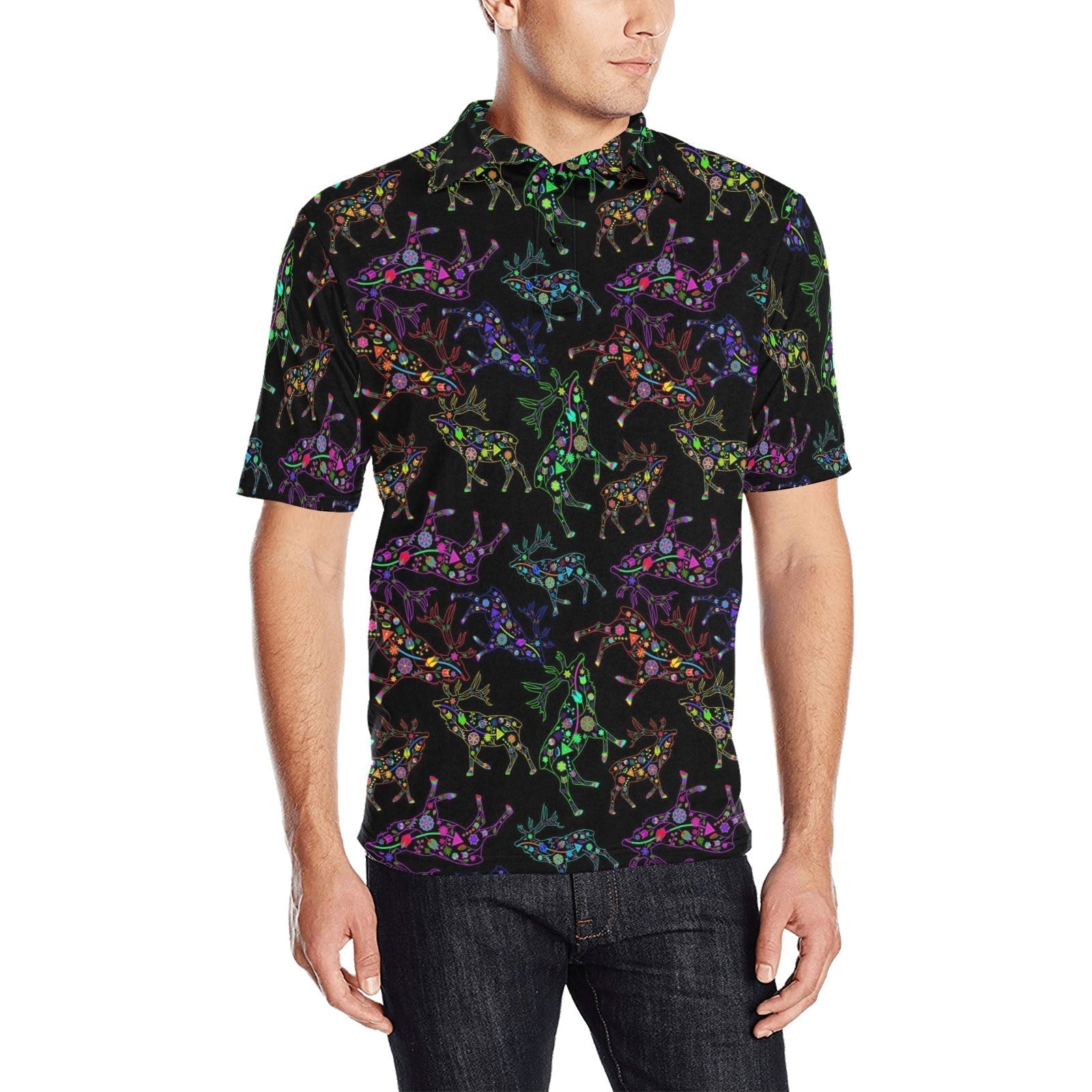 Neon Floral Elks Men's All Over Print Polo Shirt (Model T55) Men's Polo Shirt (Model T55) e-joyer 