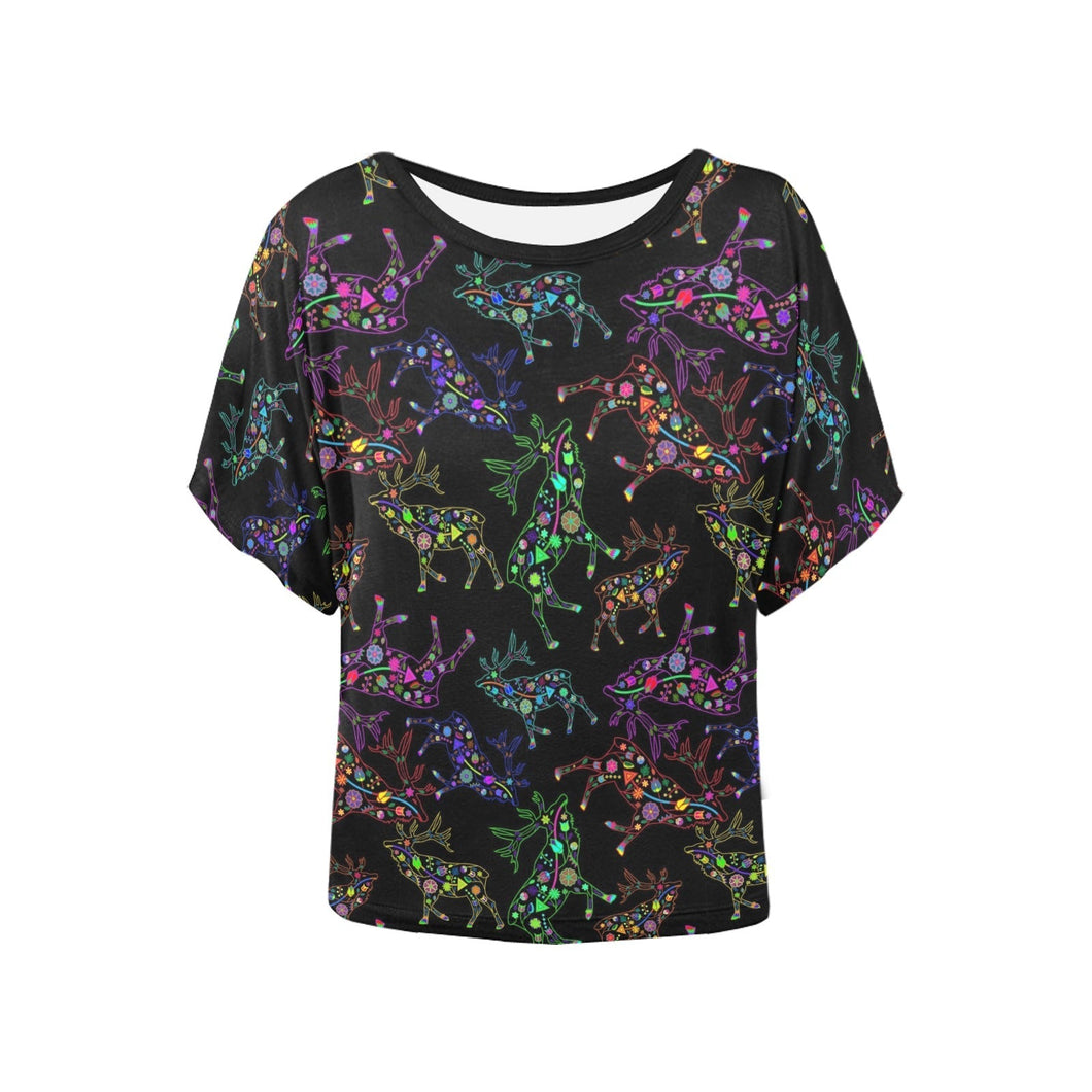 Neon Floral Elks Women's Batwing-Sleeved Blouse T shirt (Model T44) Women's Batwing-Sleeved Blouse T shirt (T44) e-joyer 